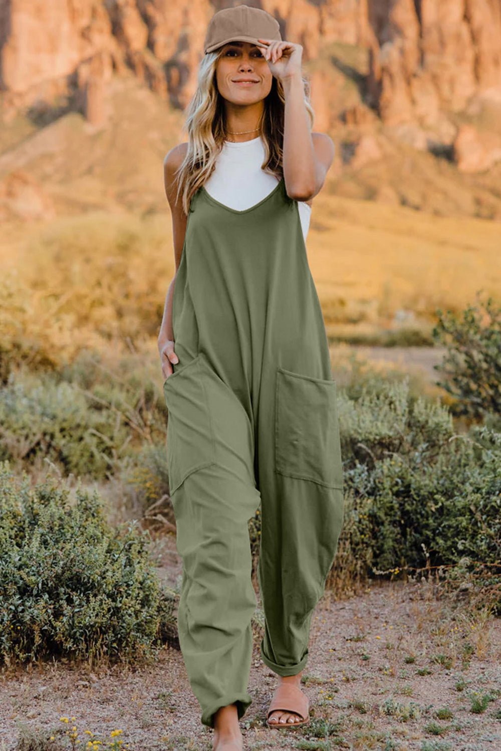 Full Size V - Neck Sleeveless Jumpsuit with Pockets - SharpDuds