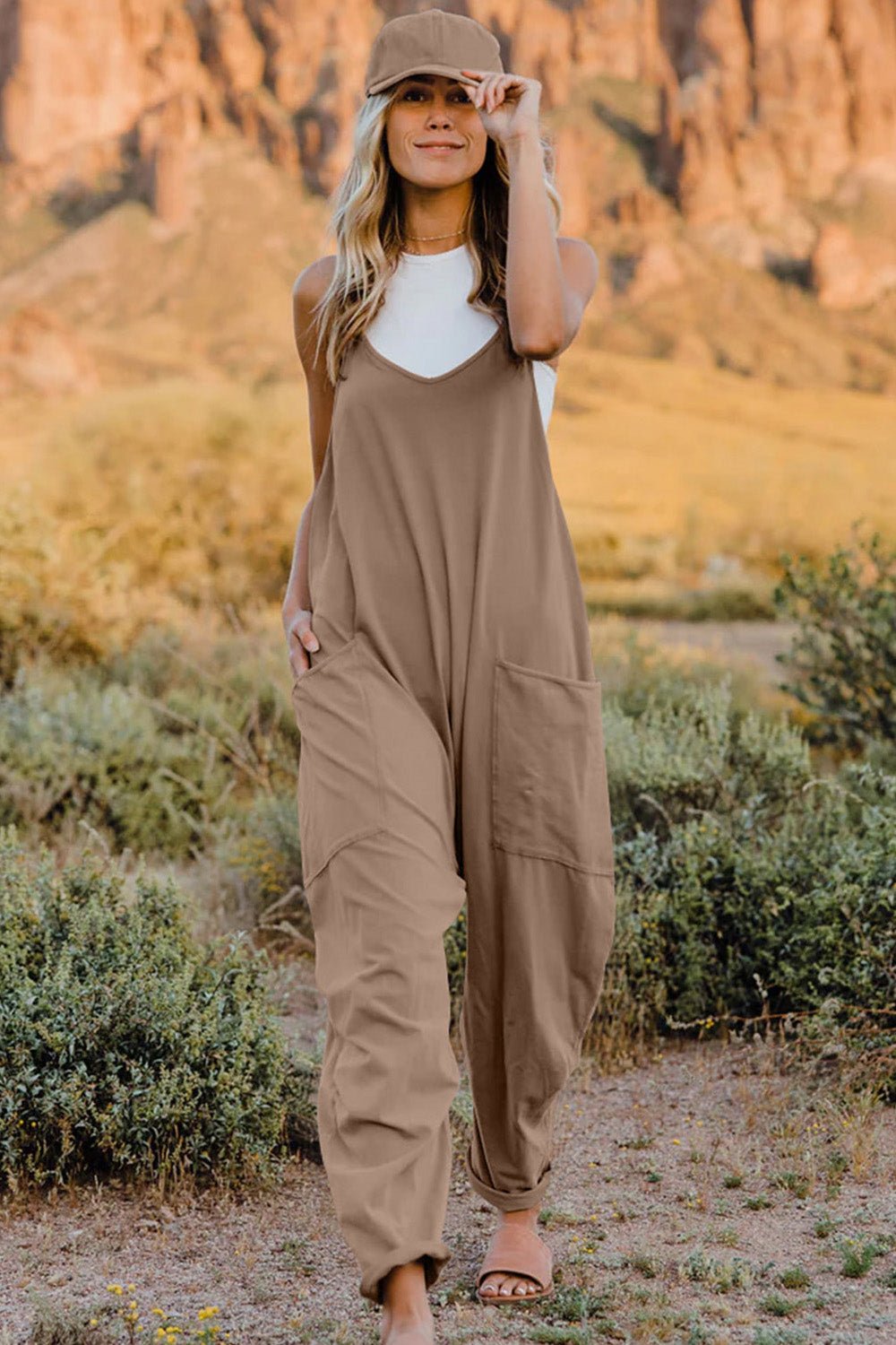 Full Size V - Neck Sleeveless Jumpsuit with Pockets - SharpDuds