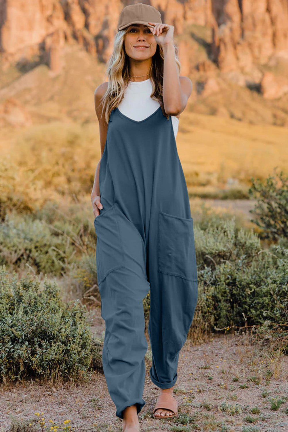 Full Size V - Neck Sleeveless Jumpsuit with Pockets - SharpDuds