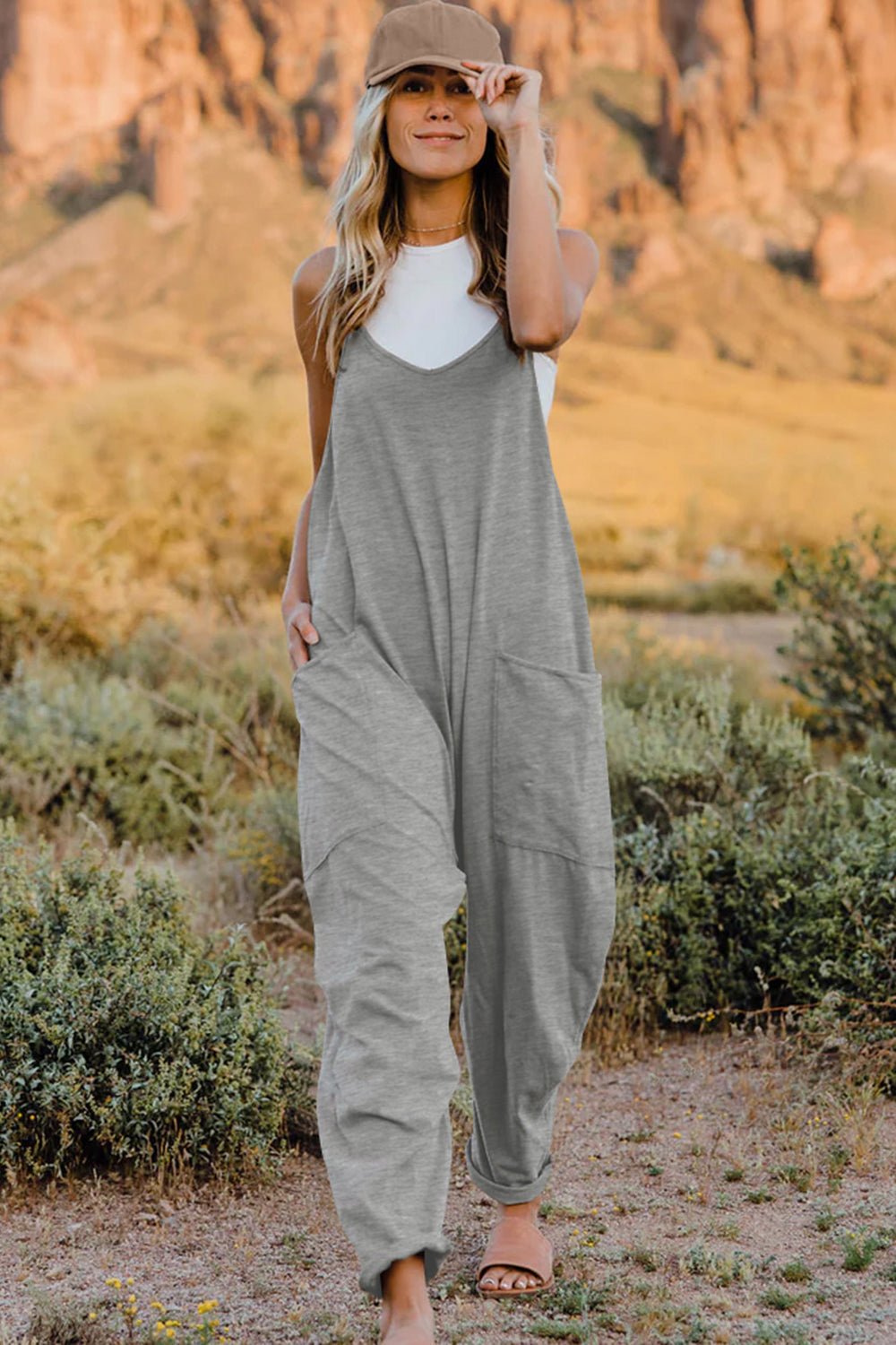 Full Size V - Neck Sleeveless Jumpsuit with Pockets - SharpDuds