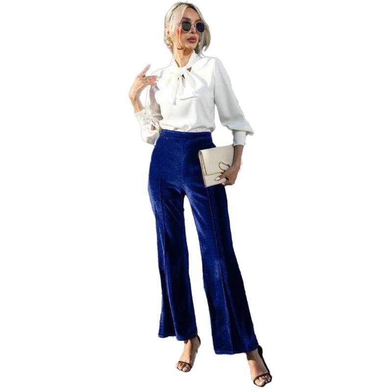 Gold Velvet High Waist Slightly Flared Wide Leg Pants - SharpDuds.com