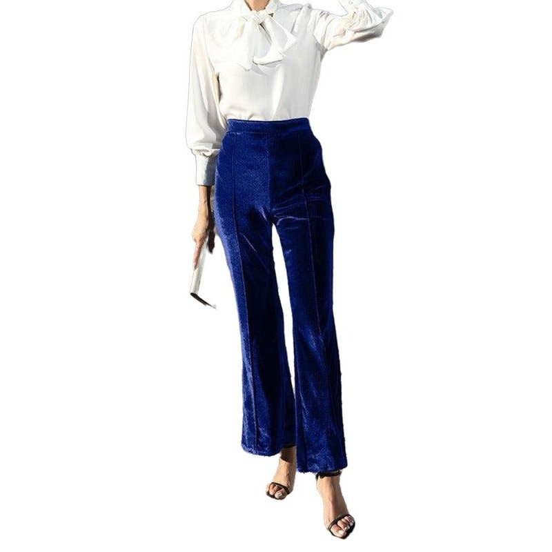 Gold Velvet High Waist Slightly Flared Wide Leg Pants - SharpDuds.com