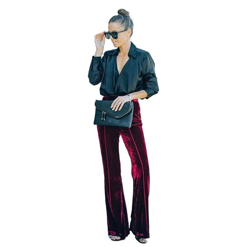 Gold Velvet High Waist Slightly Flared Wide Leg Pants - SharpDuds.com