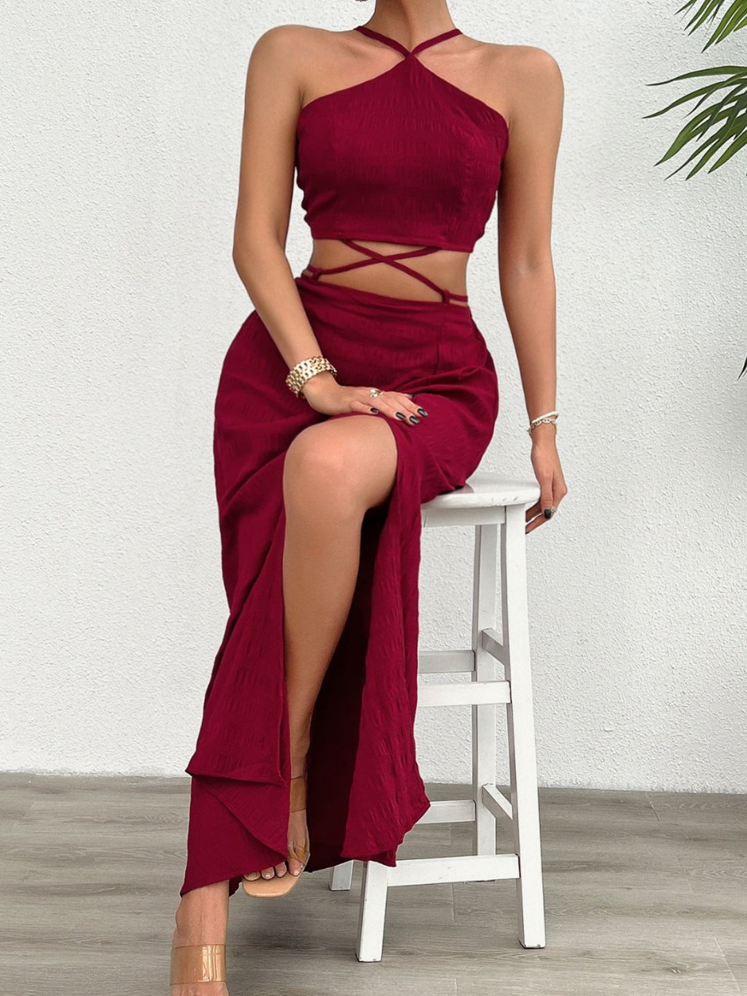 Grecian Neck Top and Slit Skirt Set - SharpDuds