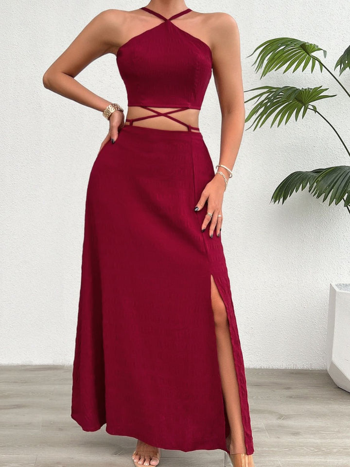 Grecian Neck Top and Slit Skirt Set - SharpDuds