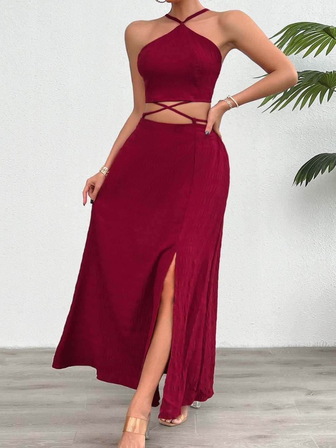 Grecian Neck Top and Slit Skirt Set - SharpDuds