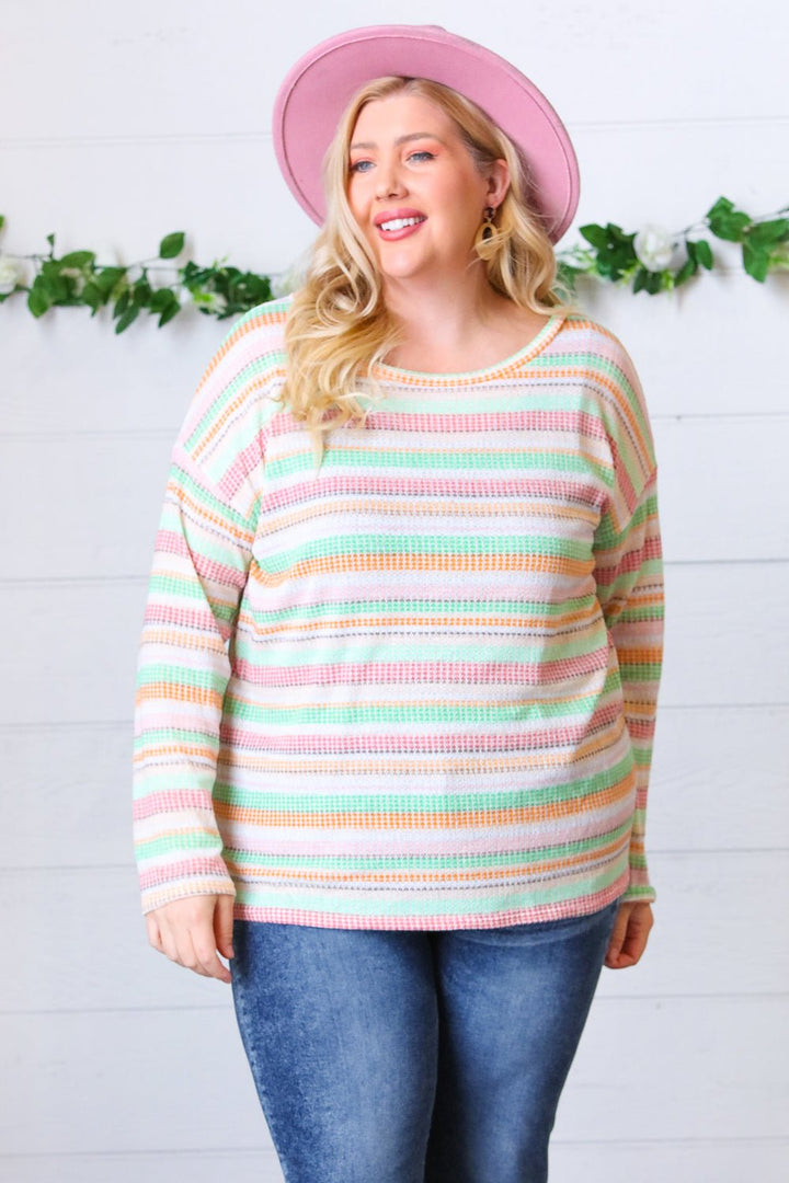 Green Apple & Tangerine Textured Vintage Stripe Top - SharpDuds