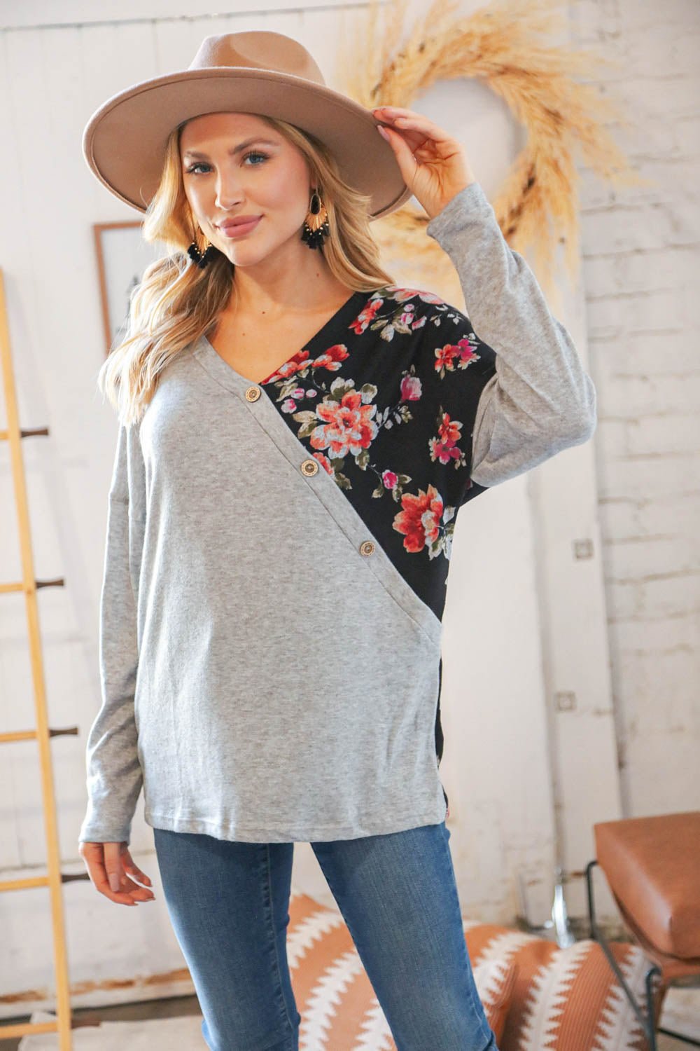 Grey & Black Floral Surplice Button Knit Top - SharpDuds