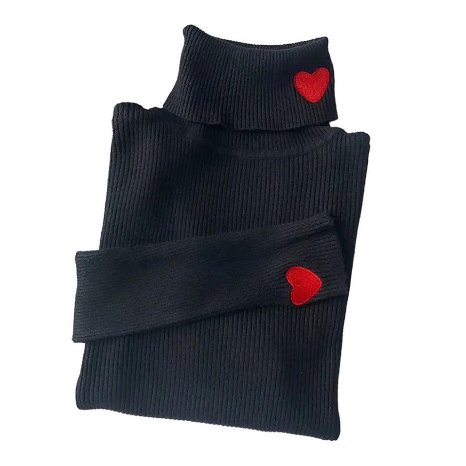 Heart Embroidery Turtleneck Soft Warm Sweaters - www.SharpDuds.com