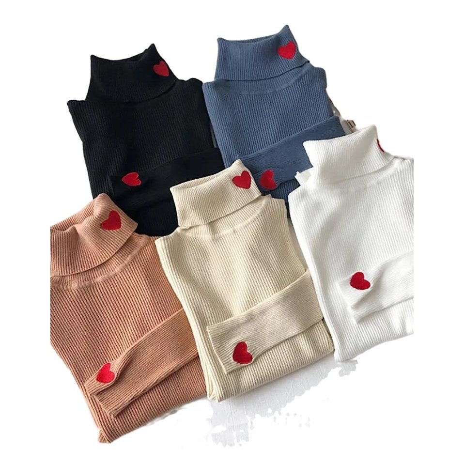 Heart Embroidery Turtleneck Soft Warm Sweaters - www.SharpDuds.com