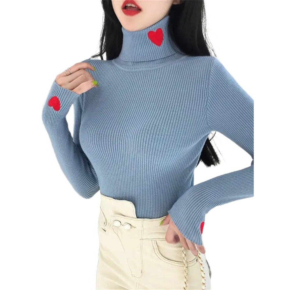 Heart Embroidery Turtleneck Soft Warm Sweaters - www.SharpDuds.com