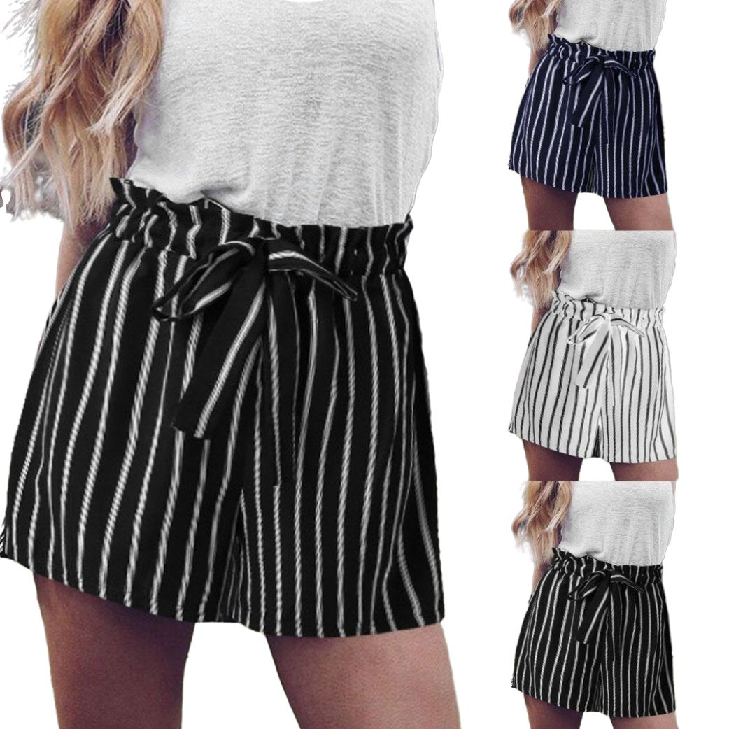 High Waist Bow Decor Striped Paperbag Shorts - SharpDuds.com