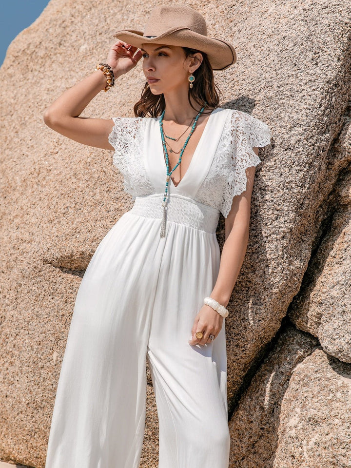 Lace Detail Plunge Cap Sleeve Jumpsuit - SharpDuds