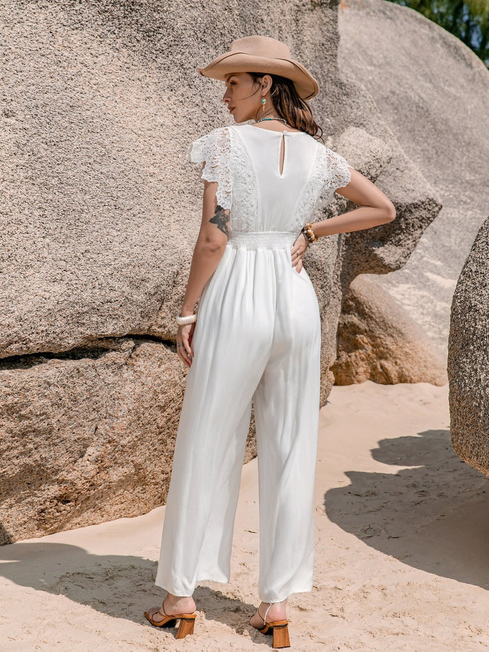 Lace Detail Plunge Cap Sleeve Jumpsuit - SharpDuds