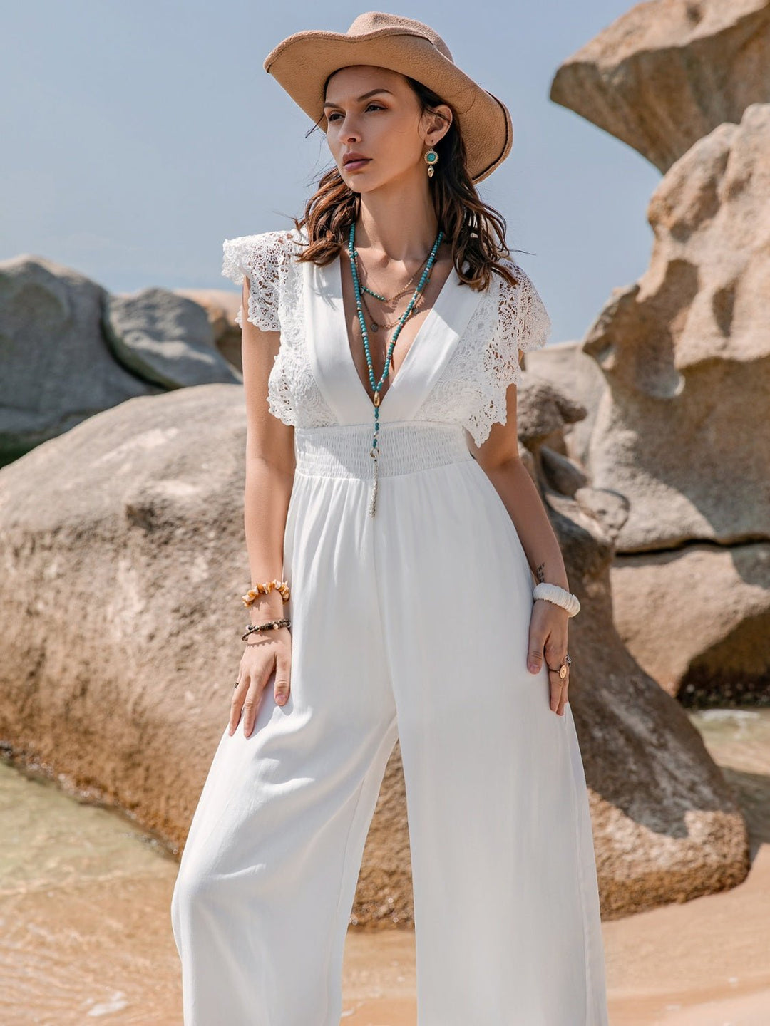 Lace Detail Plunge Cap Sleeve Jumpsuit - SharpDuds