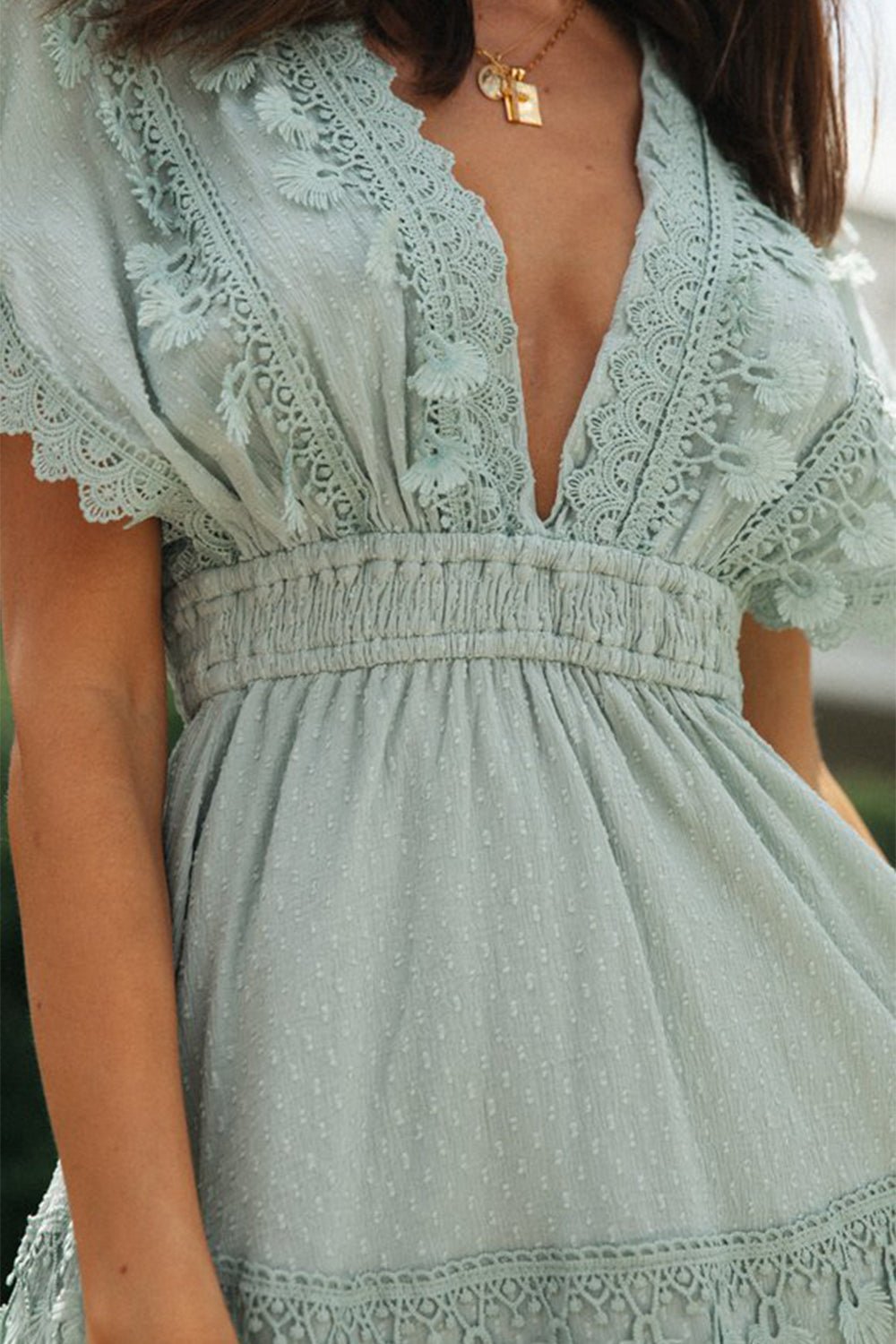 Lace Detail Plunge Short Sleeve Mini Dress - SharpDuds