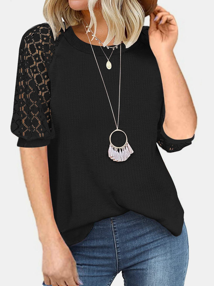 Lace Detail Round Neck Half Sleeve T-Shirt - SharpDuds