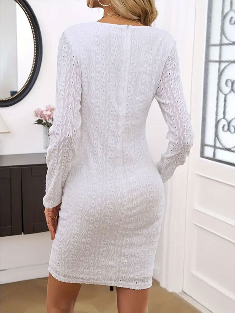 Lace Detail Round Neck Long Sleeve Mini Dress - SharpDuds