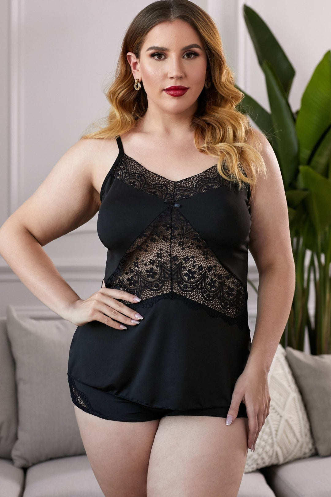 Lace Insert Plus Size Pajamas Set - SharpDuds