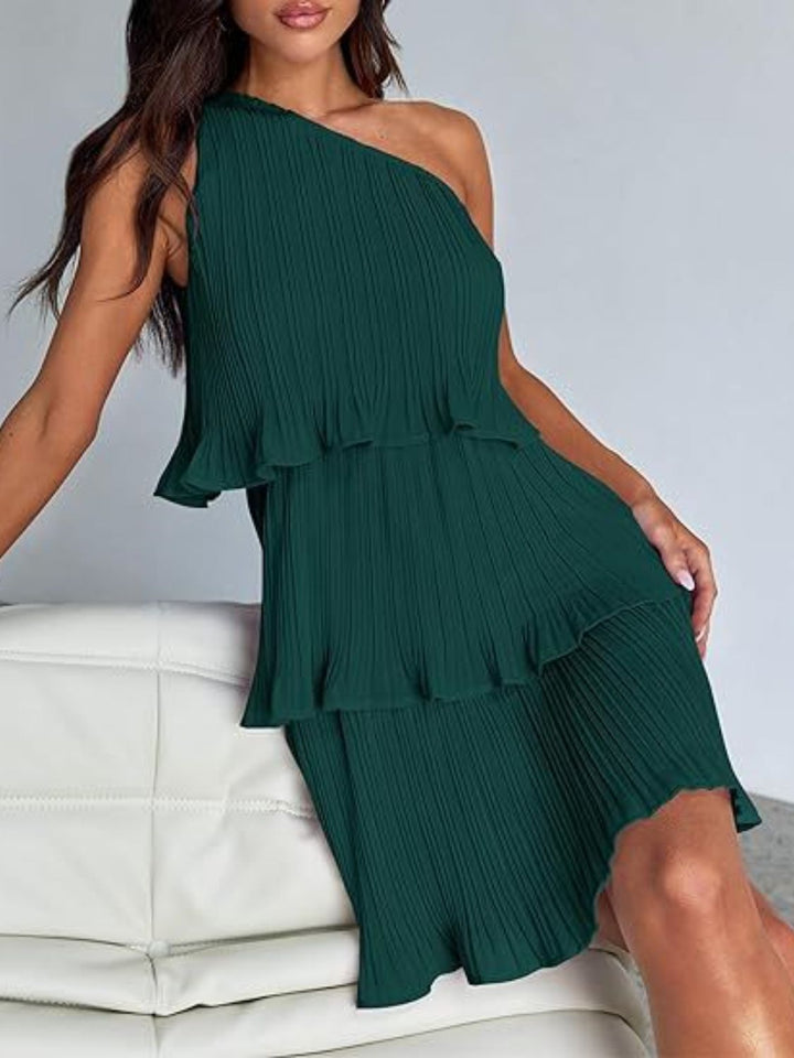 Layered Single Shoulder Mini Dress - SharpDuds