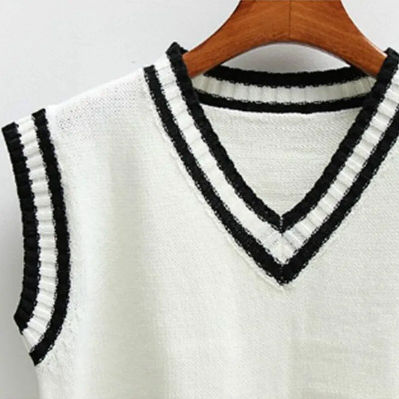 Loose Casual Sleeveless V-neck Preppy-style Sweater - www.SharpDuds.com