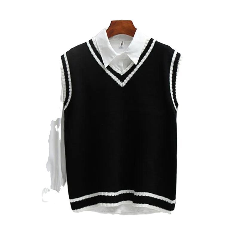 Loose Casual Sleeveless V-neck Preppy-style Sweater - www.SharpDuds.com