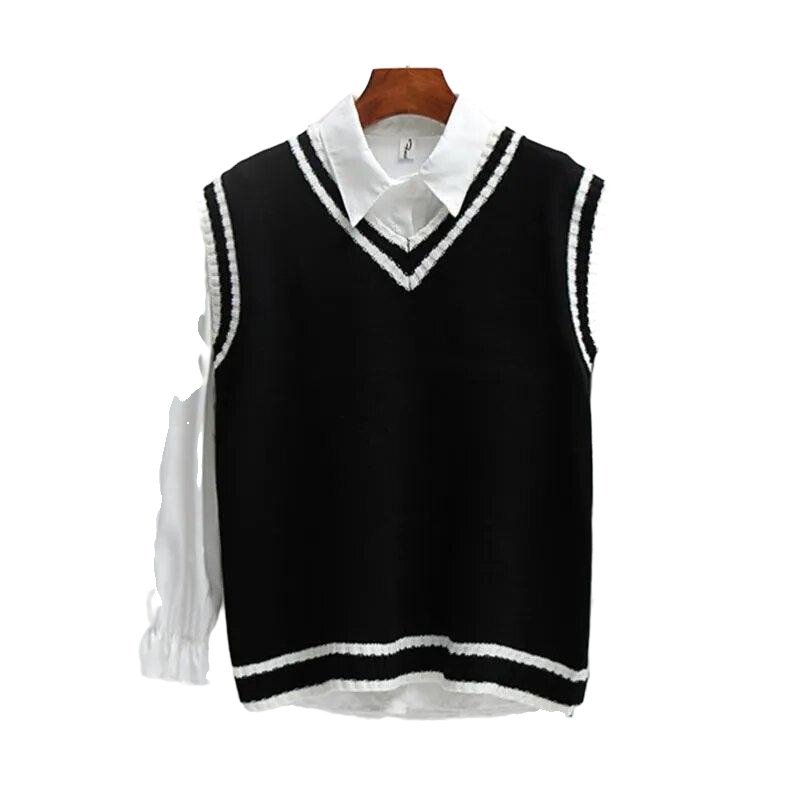 Loose Casual Sleeveless V-neck Preppy-style Sweater - www.SharpDuds.com