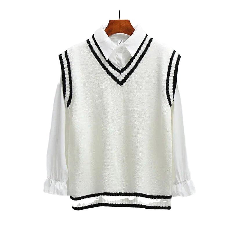 Loose Casual Sleeveless V-neck Preppy-style Sweater - www.SharpDuds.com