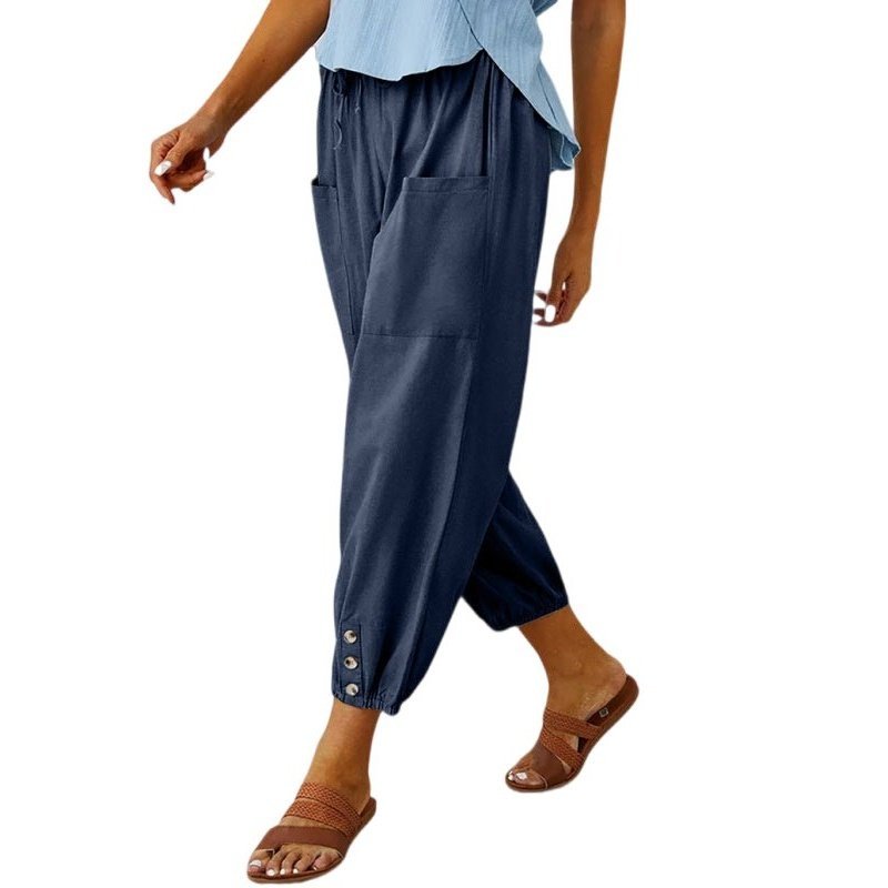 Loose high-waisted button-down cotton and linen cropped trousers - www.SharpDuds.com