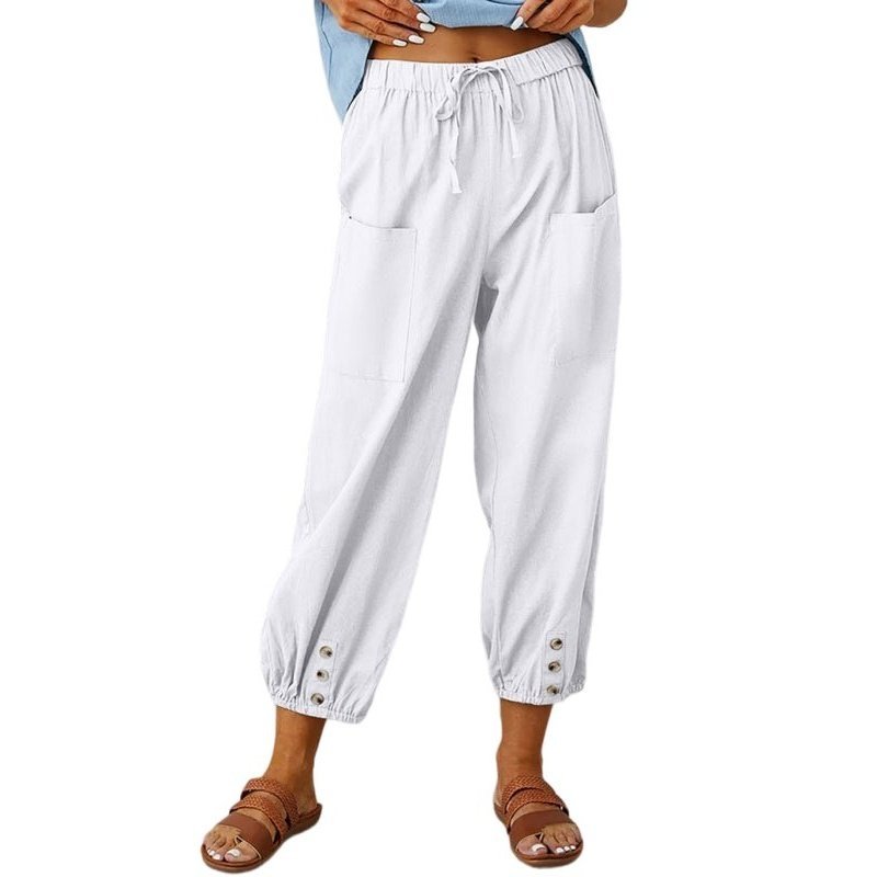 Loose high-waisted button-down cotton and linen cropped trousers - www.SharpDuds.com