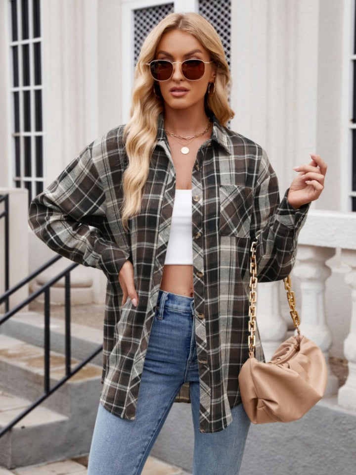 Mandy Pocketed Plaid Collared Neck Long Sleeve Shirt - SharpDuds