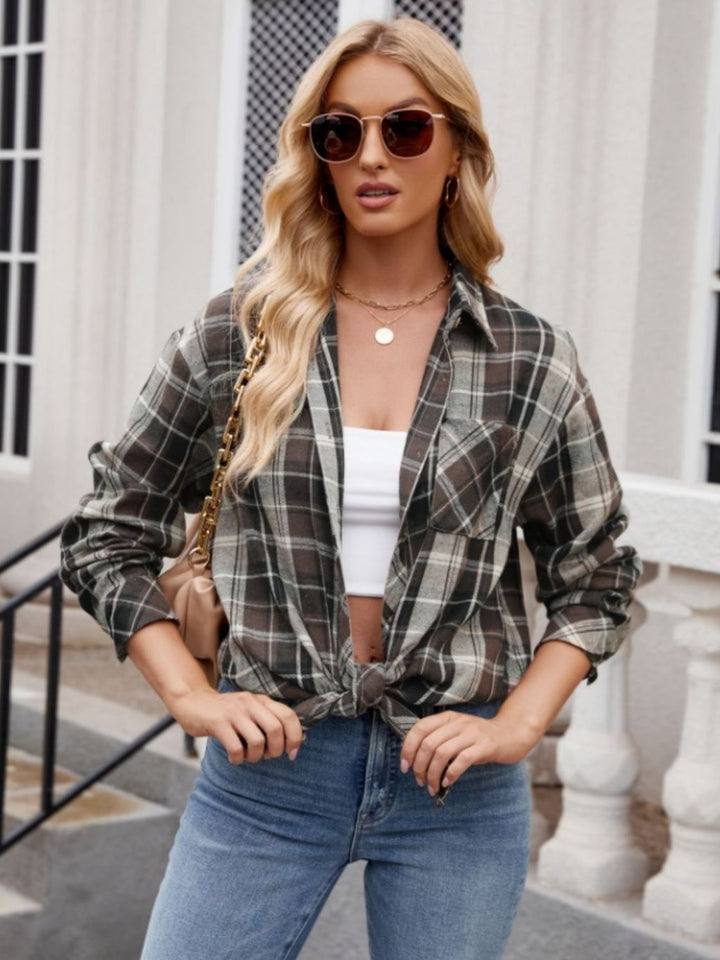 Mandy Pocketed Plaid Collared Neck Long Sleeve Shirt - SharpDuds