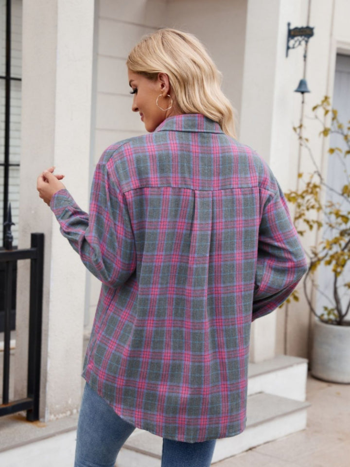 Mandy Pocketed Plaid Collared Neck Long Sleeve Shirt - SharpDuds