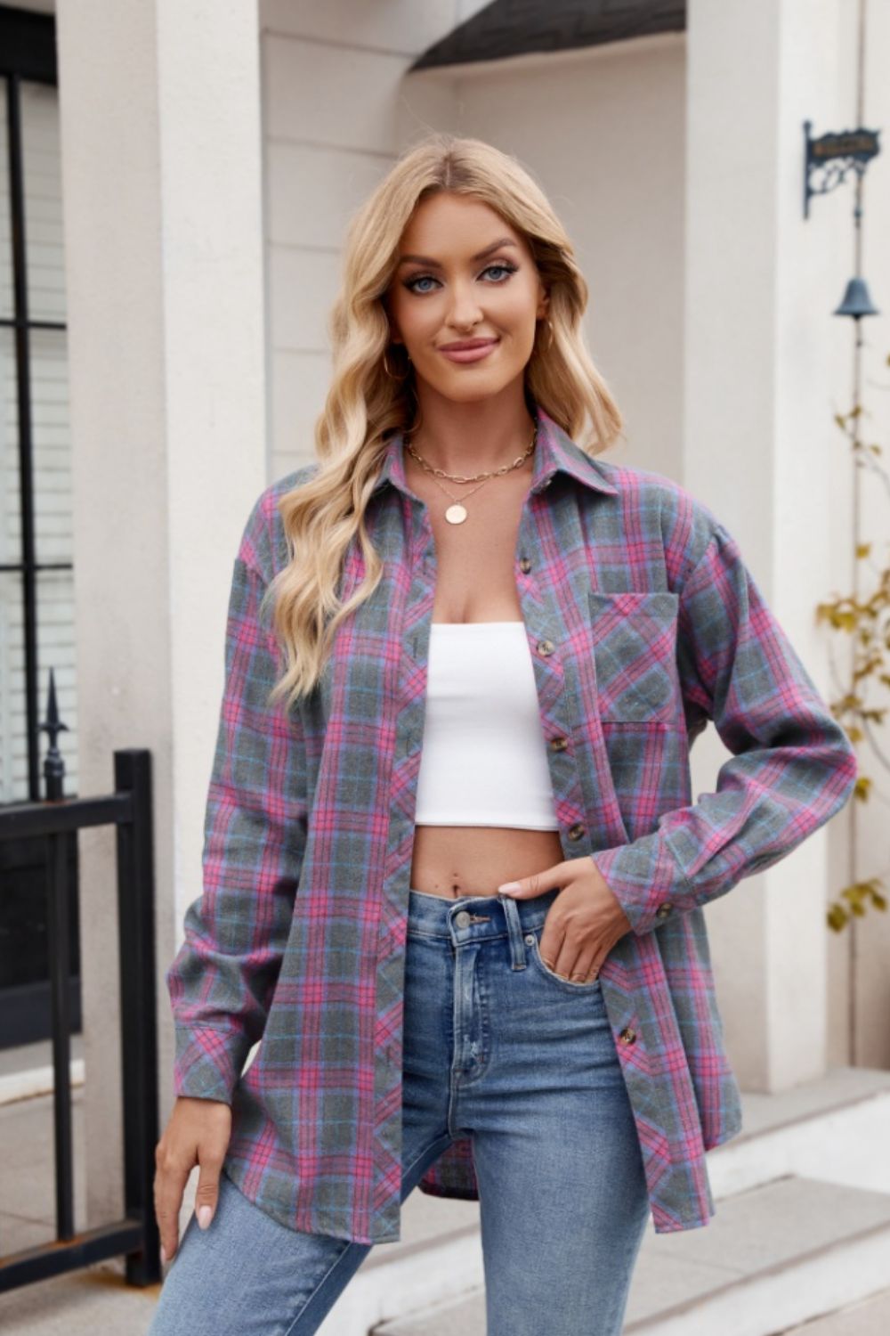 Mandy Pocketed Plaid Collared Neck Long Sleeve Shirt - SharpDuds