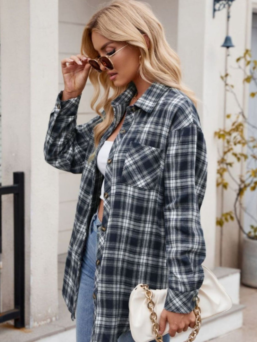 Mandy Pocketed Plaid Collared Neck Long Sleeve Shirt - SharpDuds