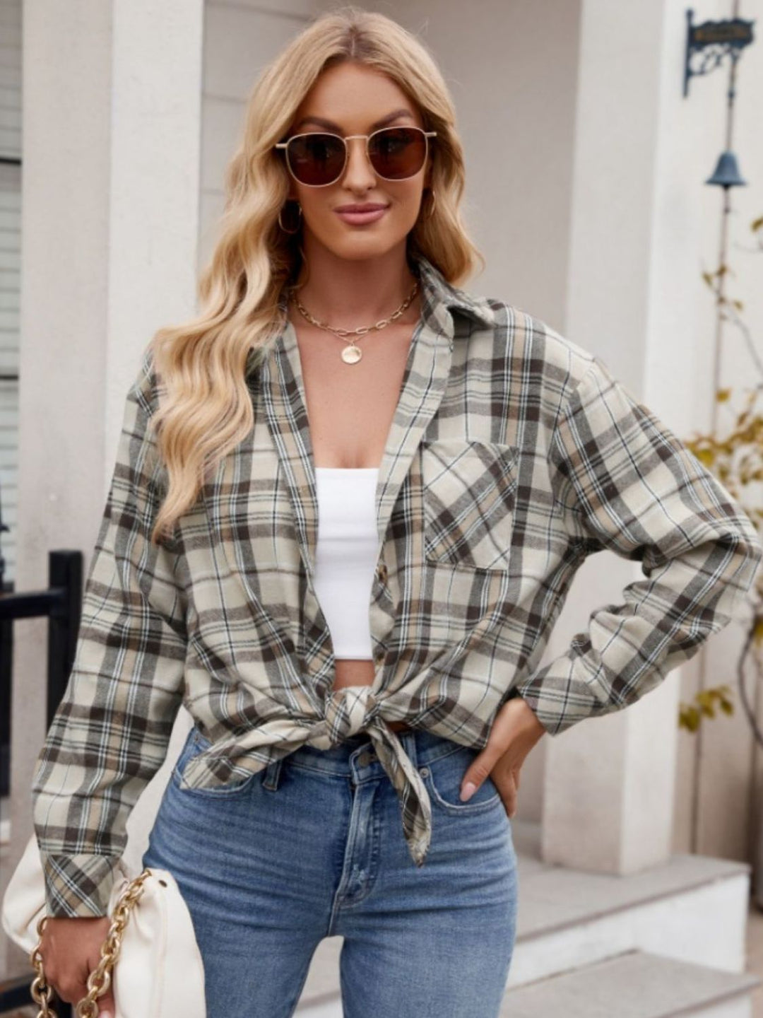 Mandy Pocketed Plaid Collared Neck Long Sleeve Shirt - SharpDuds