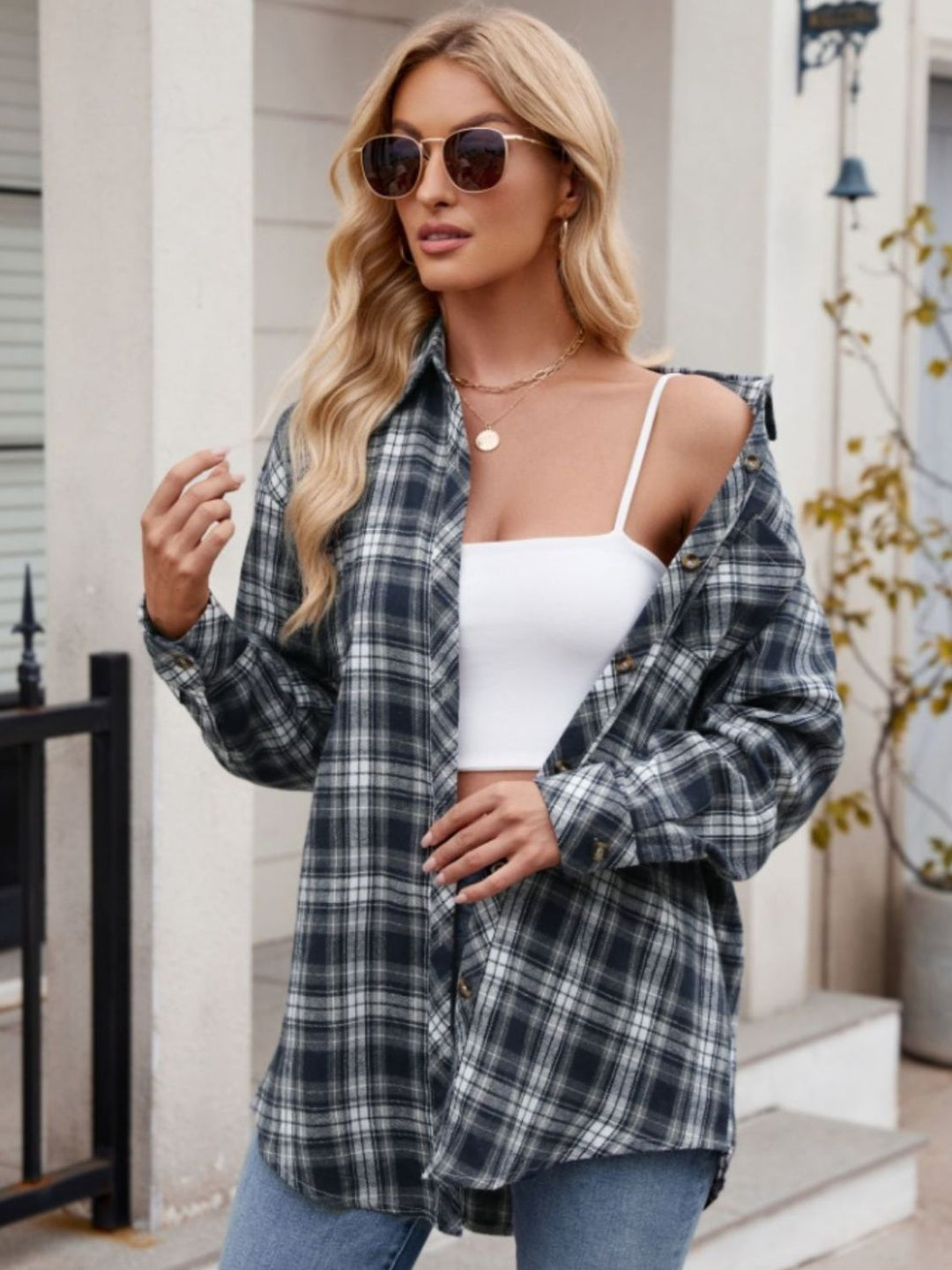 Mandy Pocketed Plaid Collared Neck Long Sleeve Shirt - SharpDuds