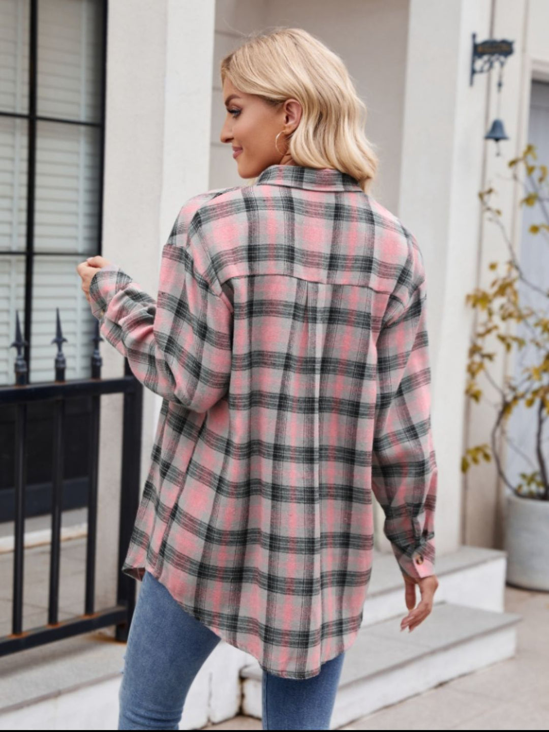 Mandy Pocketed Plaid Collared Neck Long Sleeve Shirt - SharpDuds