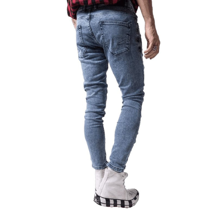 Mist Blue Fashionable Frayed Slim Fit Long Jeans - www.SharpDuds.com