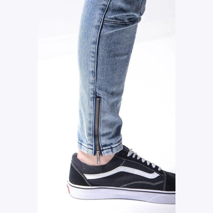 Mist Blue Fashionable Frayed Slim Fit Long Jeans - www.SharpDuds.com