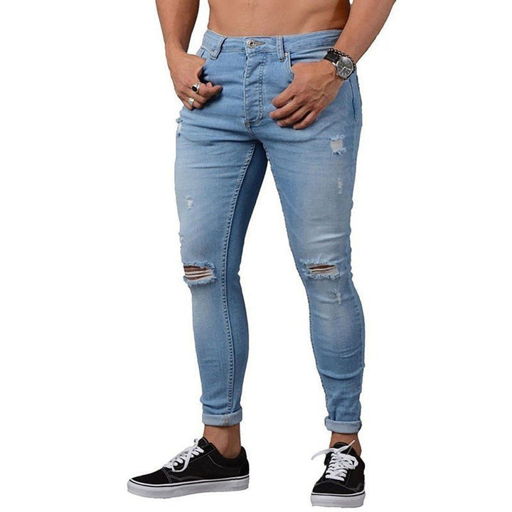 Mist Blue Frayed Slim Fit Long Jeans - www.SharpDuds.com