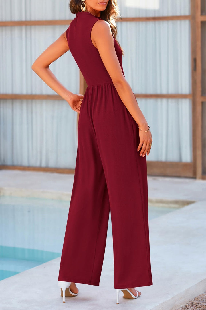 Mock Neck Sleeveless Wide Leg Jumpsuit - SharpDuds