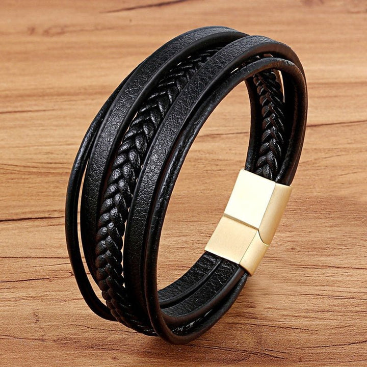 New Fashion Bracelet Stainless Steel Charm Layered with Genuine Leather - www.SharpDuds.com