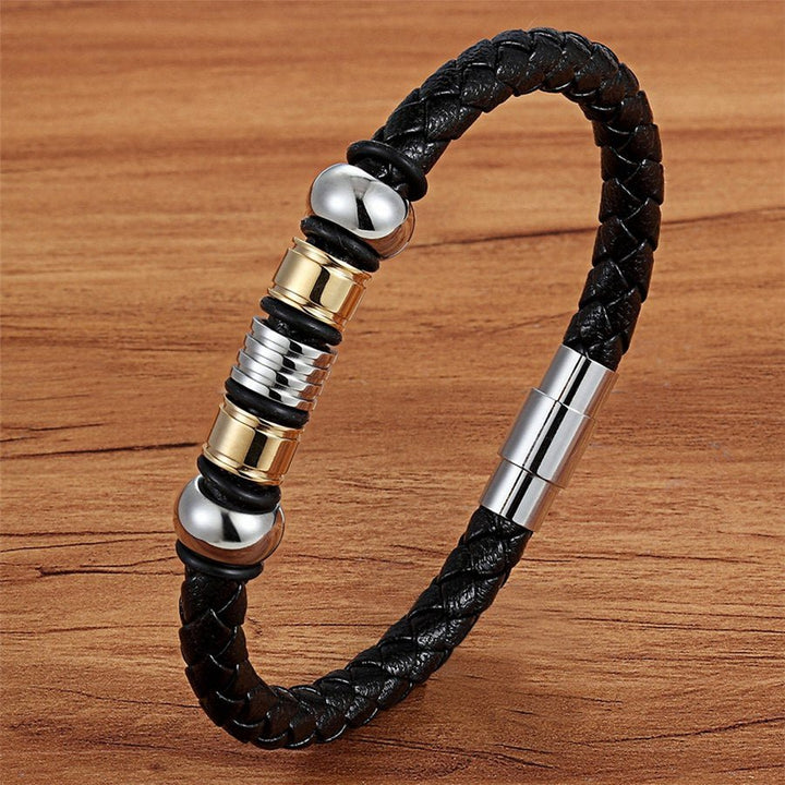 New Fashion Bracelet Stainless Steel Charm Layered with Genuine Leather - www.SharpDuds.com