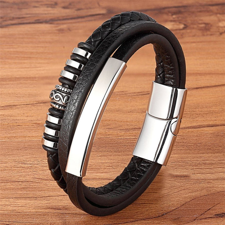 New Fashion Bracelet Stainless Steel Charm Layered with Genuine Leather - www.SharpDuds.com