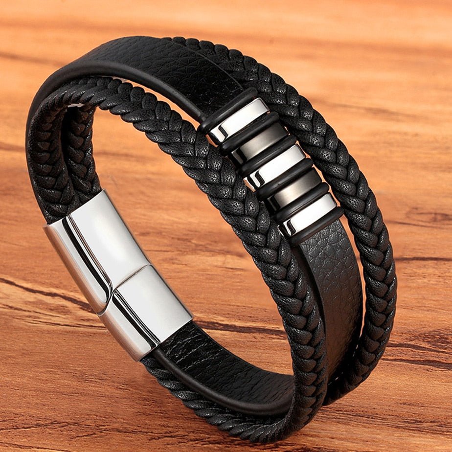 New Fashion Bracelet Stainless Steel Charm Layered with Genuine Leather - www.SharpDuds.com