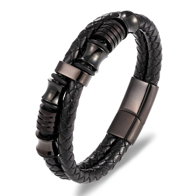 New Fashion Bracelet Stainless Steel Charm Layered with Genuine Leather - www.SharpDuds.com