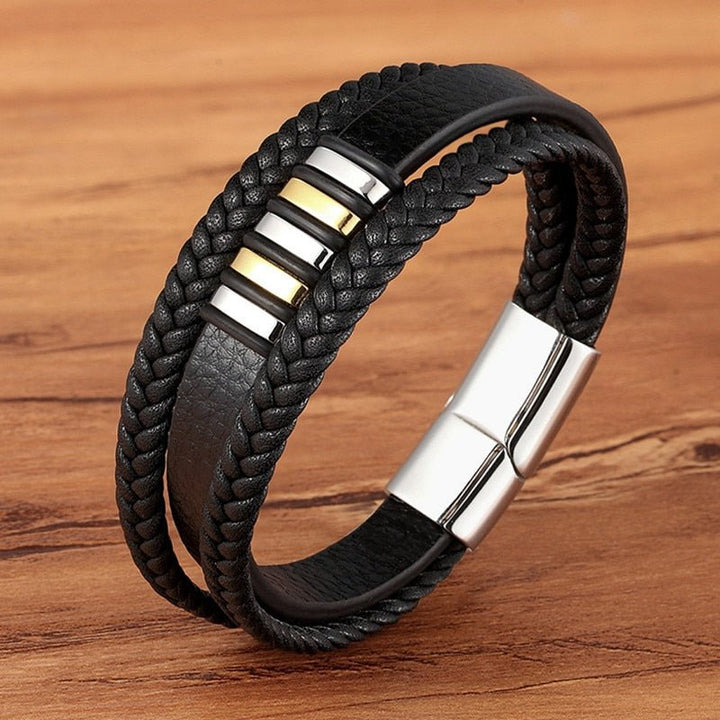 New Fashion Bracelet Stainless Steel Charm Layered with Genuine Leather - www.SharpDuds.com