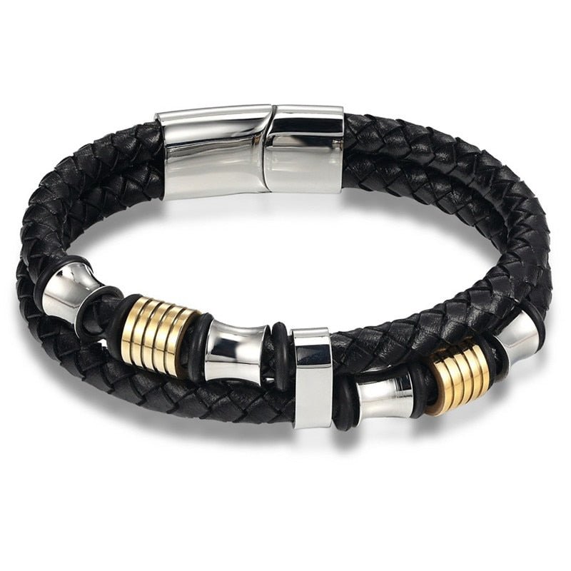 New Fashion Bracelet Stainless Steel Charm Layered with Genuine Leather - www.SharpDuds.com