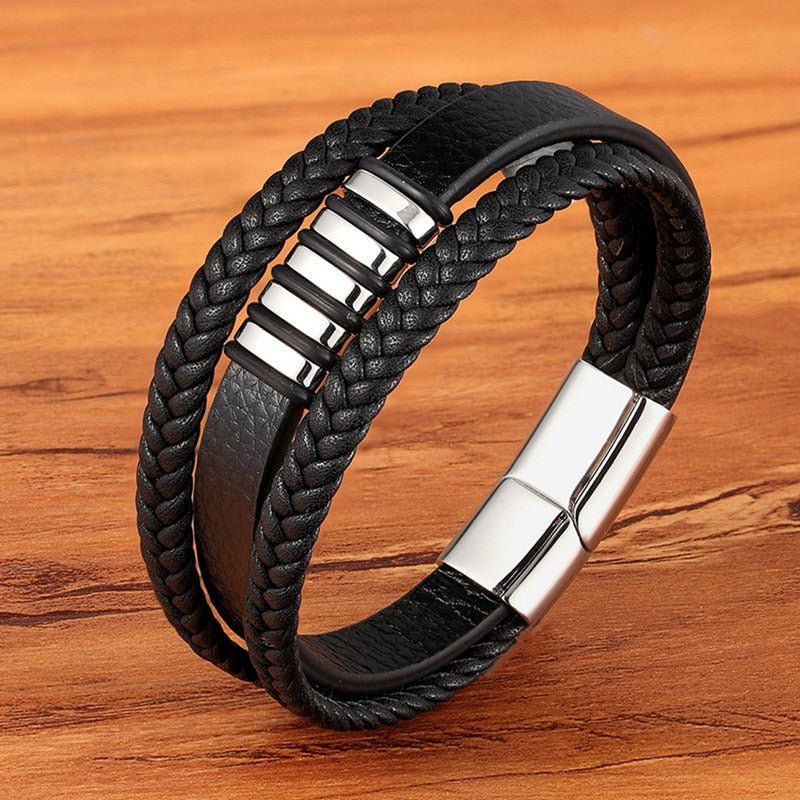 New Fashion Bracelet Stainless Steel Charm Layered with Genuine Leather - www.SharpDuds.com